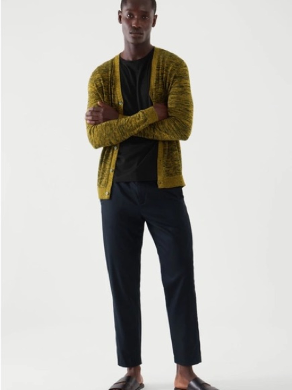COS Marled Mulberry Silk Organic Cotton Mustard Black Button Cardigan NWT